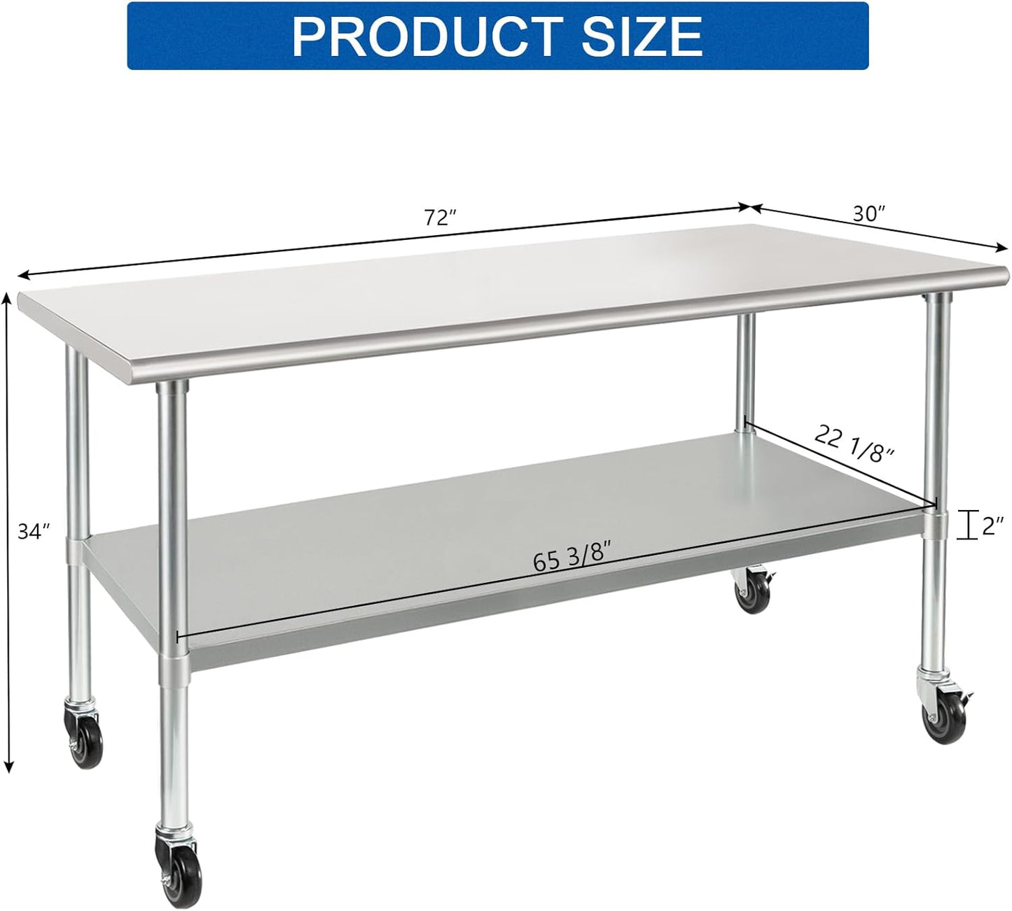 HARDURA Stainless Steel Table with Wheels 30 x 72 Inches Casters NSF Heavy Duty Commercial Prep Table with Undershelf and Galvanized Legs for Food Prep