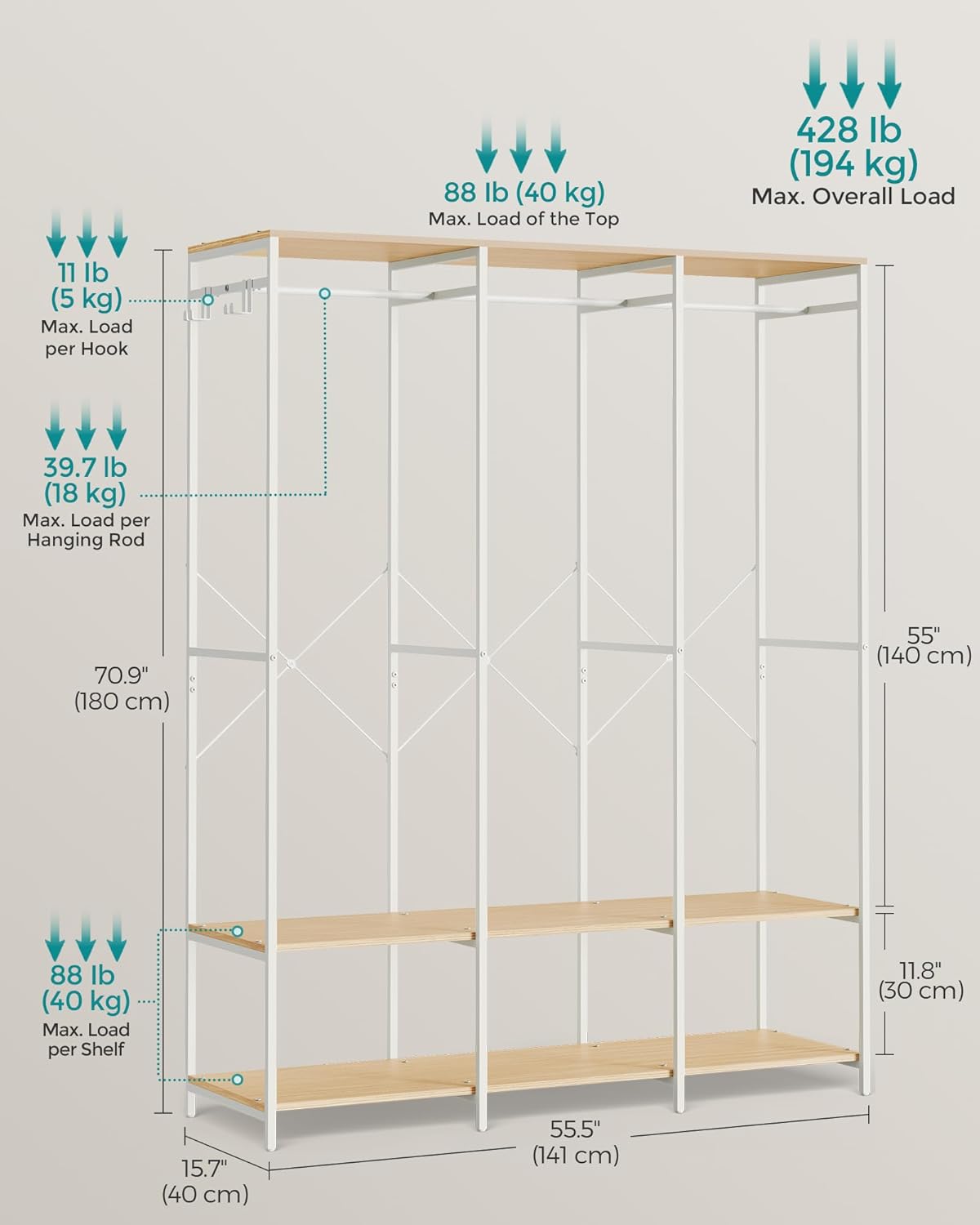 SONGMICS Clothes Rack, Iron and Wood Wardrobe Closet Organizer, Heavy Duty Garment Rack with Hanging Rods, Closet Shelves, Removable Hooks, 15.7 x 55.5 x 70.9 Inches, Natural Beige URGR005W67