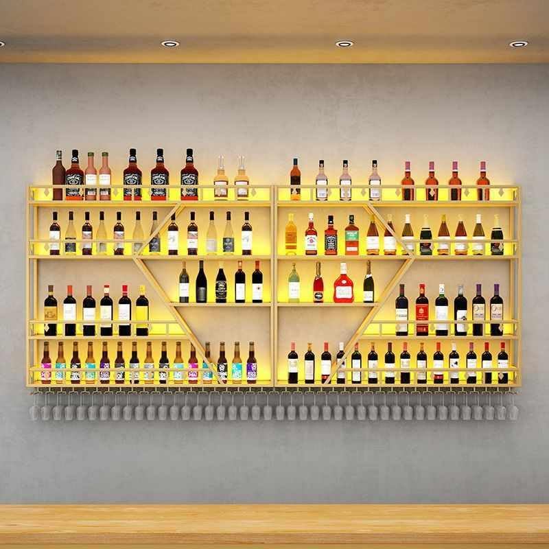 79in Large Wall Mounted Wine Rack 4 Tier Metal Wine Bottle Holder Modern Diamond Design Floating Bar Liquor Bottles Storage Rack for Home Restaurant Bar Decorative (Gold, 4 Tier - 79in)