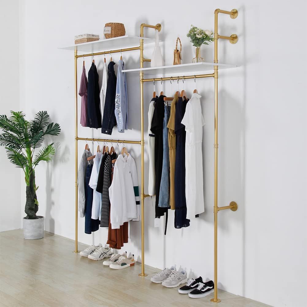 Industrial Pipe Clothing Rack Wall Mounted, Heavy Duty Hanging Clothes Rack Clothing Store Display Stands Garment Rack Closet System, 2 Tier Wood Garment Rack (Gold, 96.5x80.7inch)