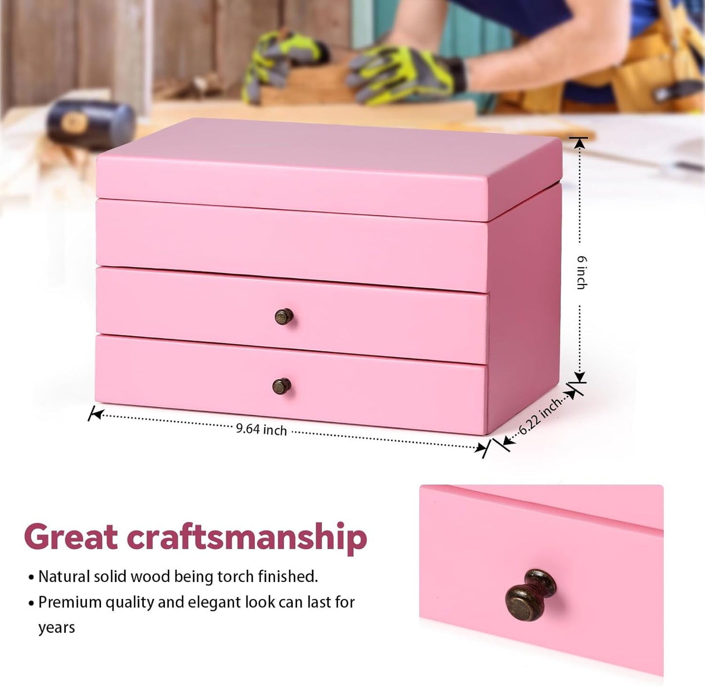 Meangood Jewelry Box Organizer for Women, 3 Layer Large Jewelry Storage Case, Rustic Wooden Jewelry Box with Mirror & Ring Tray for Necklace Earring Bracelets Rings, Vintage Style (Pink)