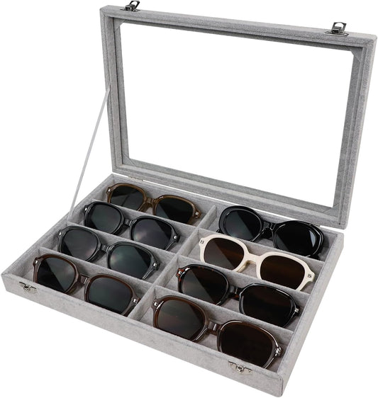 Wudygirl Jewelry organizer Sunglass Organizer 8 Slot Velvet Jewelry Tray Sunglasses Case with Lid Multi Eyeglass Case for Women Men（8 Grid
