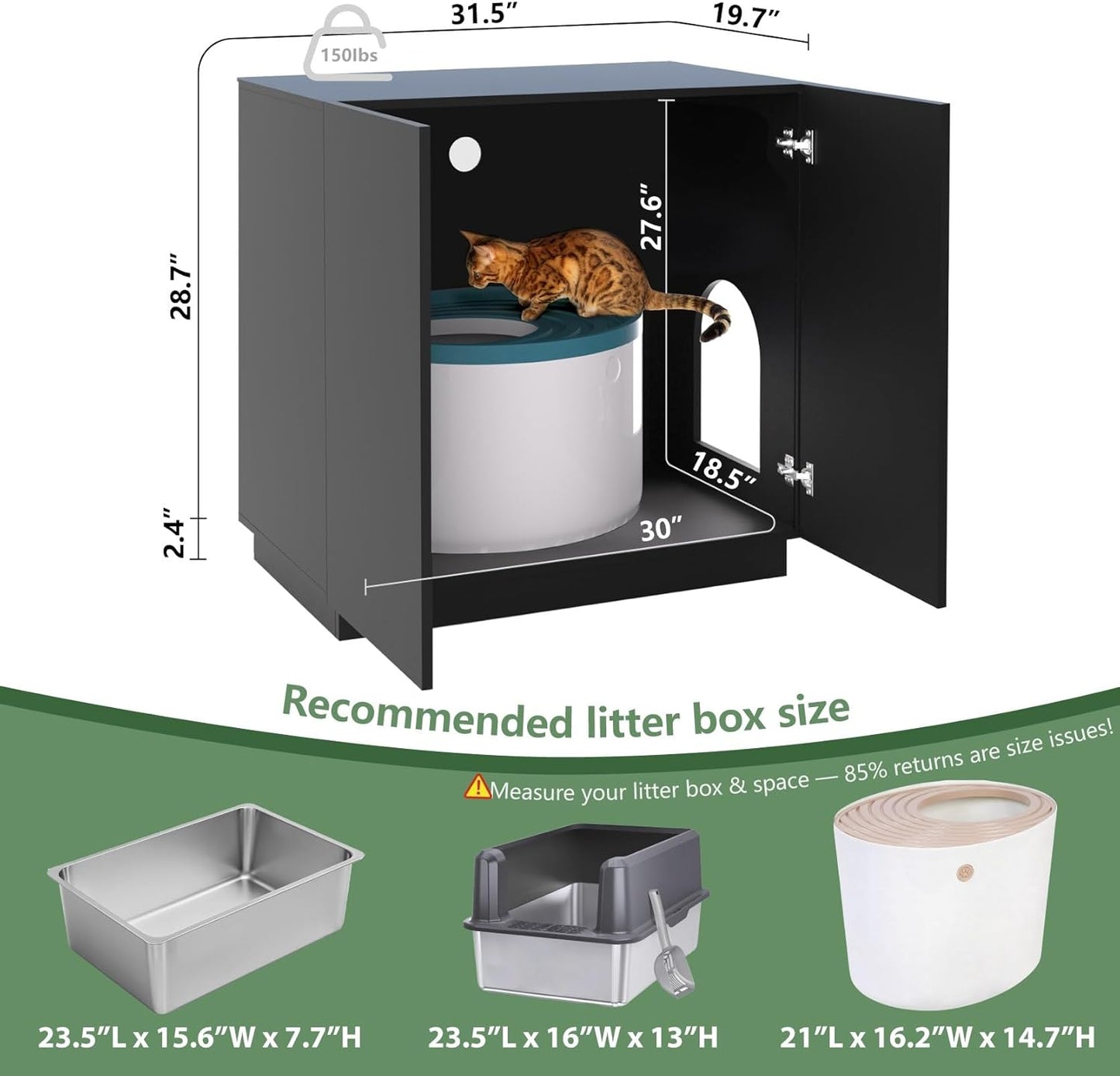 Large/Tall Litter Box Enclosure, Modern Wooden Litter Box Furniture for XL Litterbox with Hidden Storage as Sideboard Cabinet (Black)