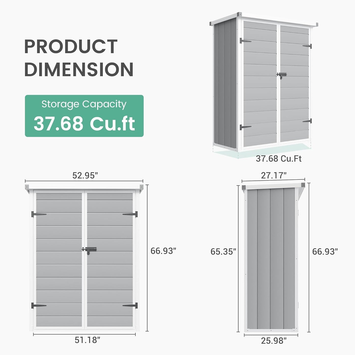 UDPATIO 38 Cu.ft Resin Outdoor Storage Shed with Floor, Vertical Plastic Tool Shed with Shelving Brackets for Backyard Pool Lawn Garden, Grey