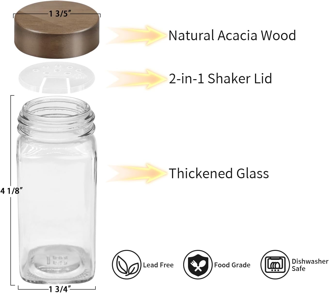 ZEHIQ 12Pcs Glass Spice Jars with Acacia Wood Lids, 4 oz Square Seasoning Containers with Labels, Seasoning Jars with Shaker Lids, Chalk Pen, Funnel, Cleaning Brush, Spice Bottles for Cabinet, Drawer