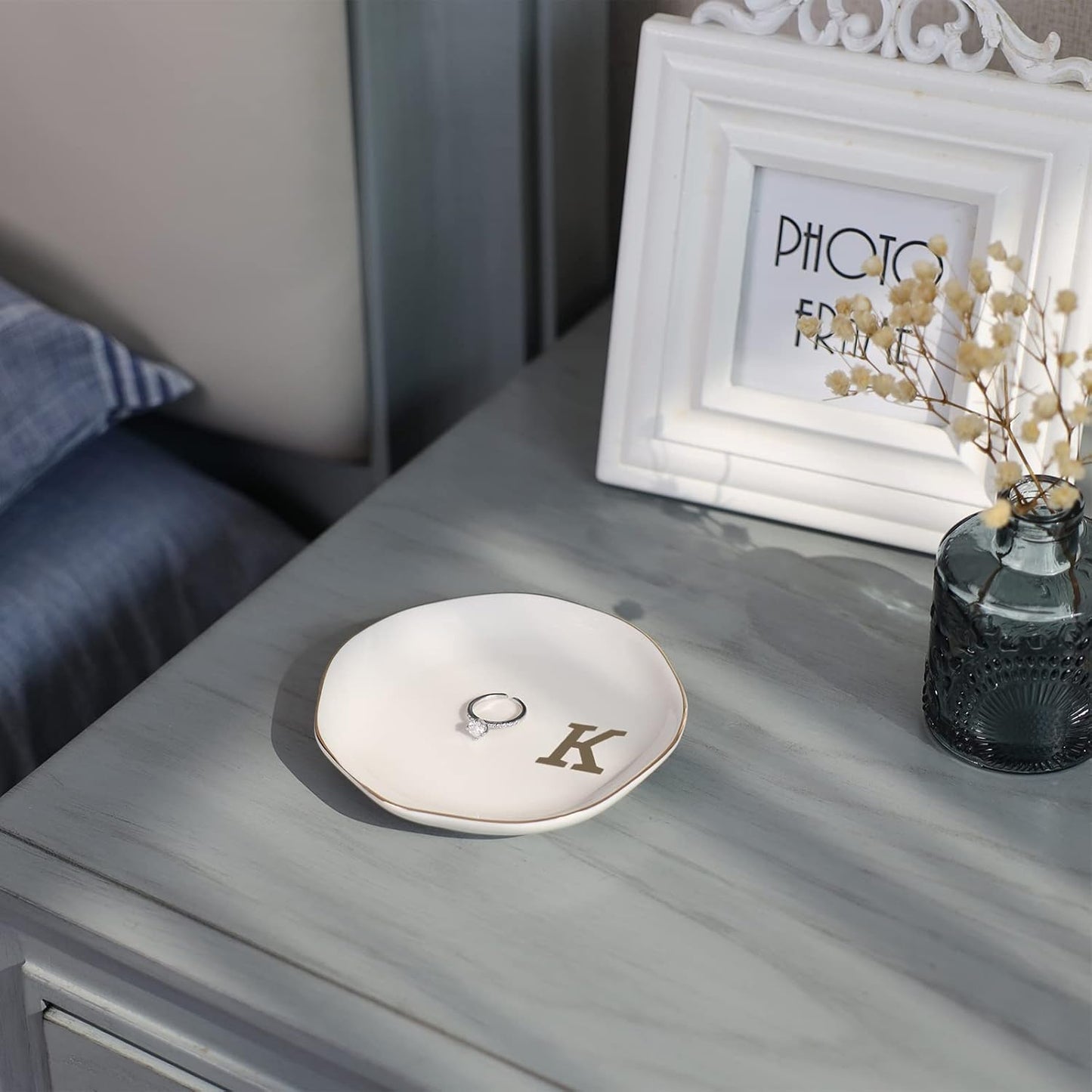 Initials Ring Dish Jewery Tray with personalized K-Monogrammed Gifts Wedding Engagement for Women Friends sister,Ceramic White