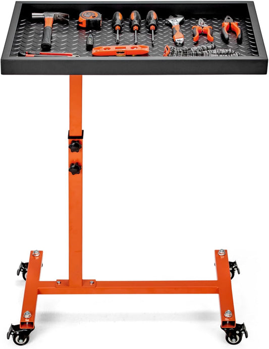 Adjustable Work Table with Wheels, Mechanic Rolling Tool Tray Table for Garage Repair Shops DIY, 220LBS Capacity Mobile Heavy Duty Steel Tool Cart (Orange)