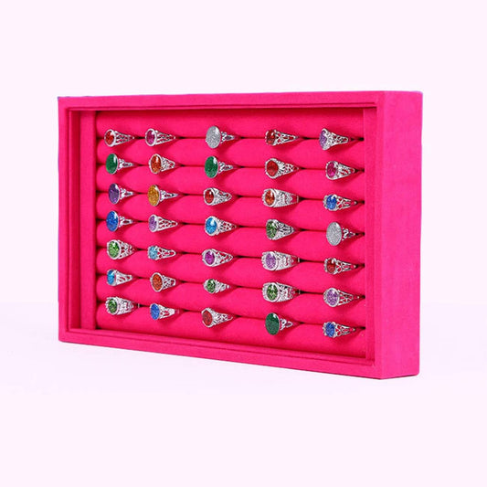 Tinsow Stackable 7 Slots Jewelry Rings Pink Earrings Tray Velvet Showcase Display Organizer (Pink)