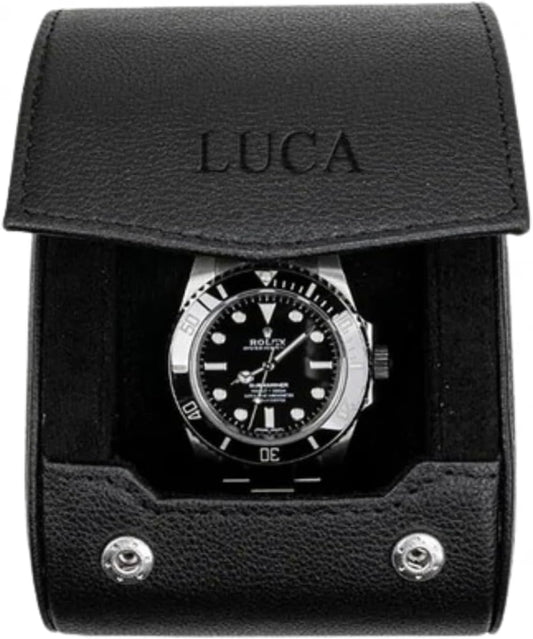 DailyWatch | Personalized Watch Roll Travel Case For 1 Watches - Handmade Genuine Leather Travel Case With Custom Engraving of Name or Initials - All Black