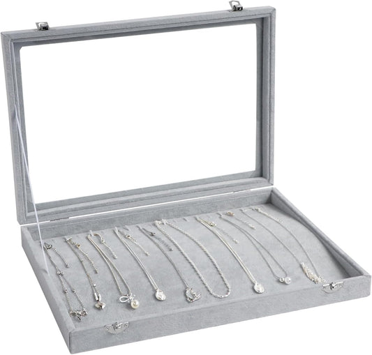 Wudygirl 20 Hooks Necklace Organizer Velvet Jewelry Organizer Showcase for Necklaces Jewelry Box Stackable Glass Top Lockable (Necklace Organizer)