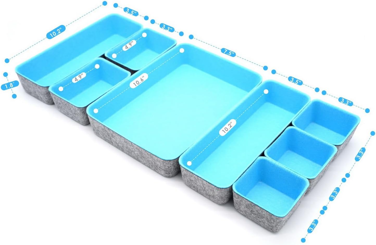 Welaxy Drawer organizers bins dividers storage trays shallow organizing box for office supplies makeup nightstand catchall key holder cozy room decor 8-piece (Baby blue)