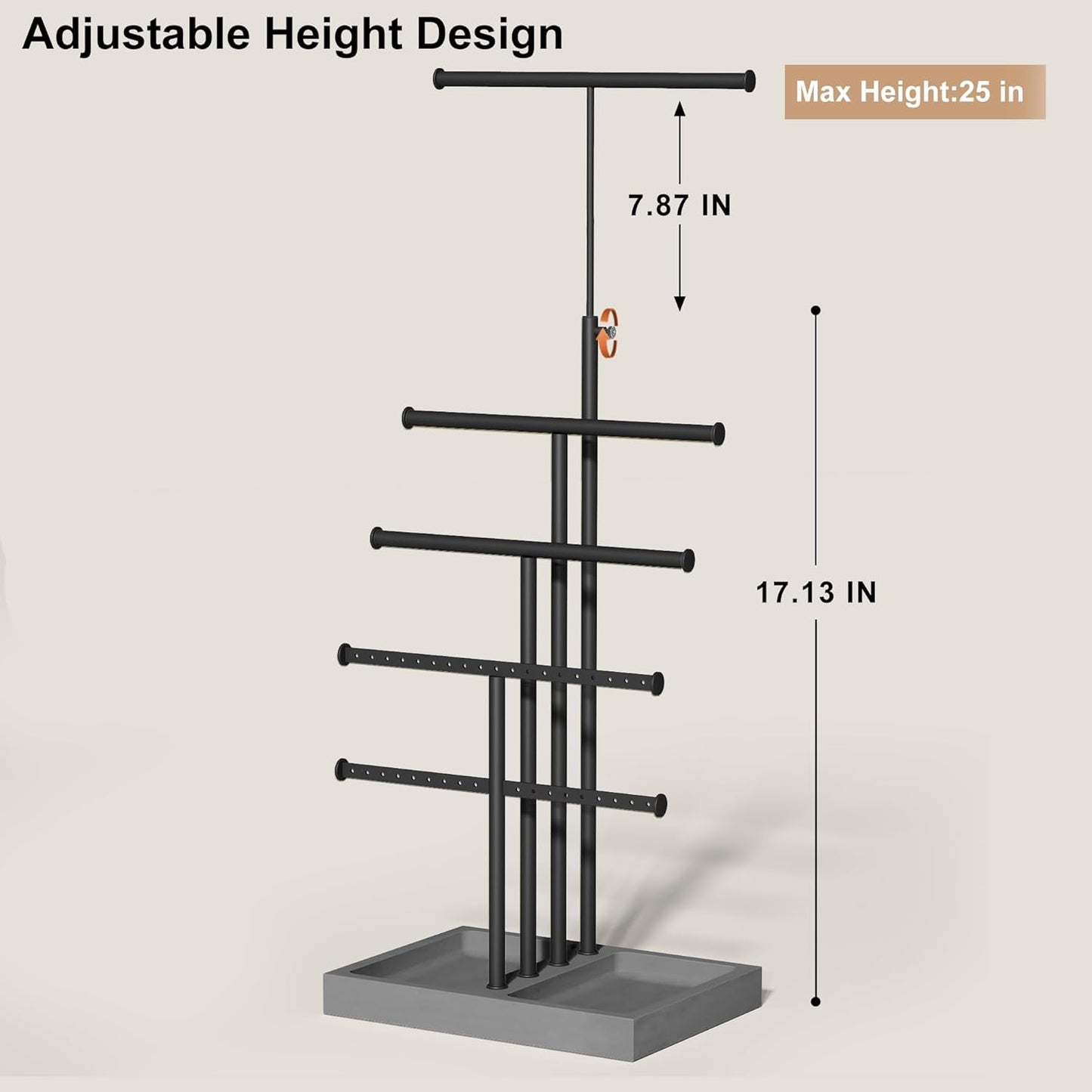 Love-KANKEI Jewelry Organizer Stand, 5 Tier Large Necklace Holder with Wood Base, Jewelry holder stand Tree for Display, Bracelets Earrings Rings, Height Adjustable Gift Weathered Grey