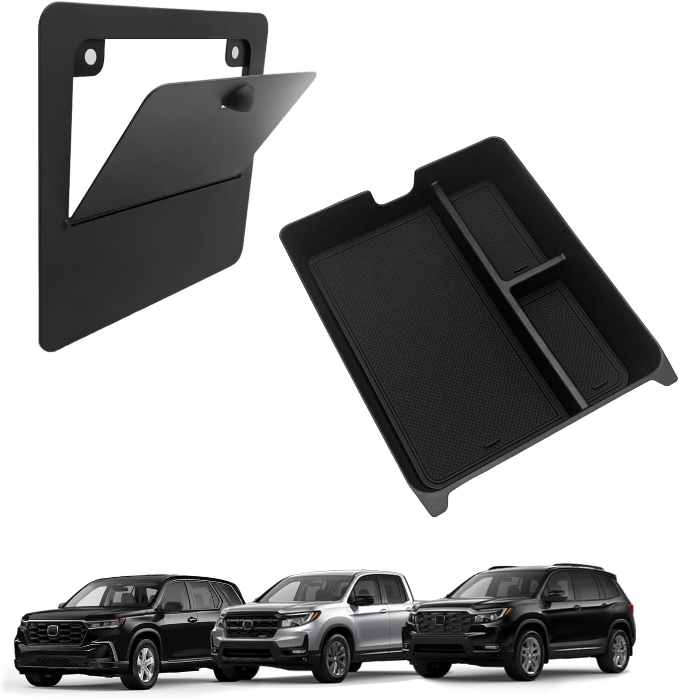 Muslogy 2PCS Center Console Organizer & Hidden Storage Box Compatible with 2023 2024 2025 Honda Pilot Accessories, 2024+ Ridgeline/Passport Armrest Privacy Insert Tray Console Insert Organizer