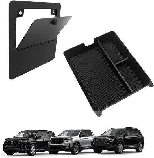 Muslogy 2PCS Center Console Organizer & Hidden Storage Box Compatible with 2023 2024 2025 Honda Pilot Accessories, 2024+ Ridgeline/Passport Armrest Privacy Insert Tray Console Insert Organizer