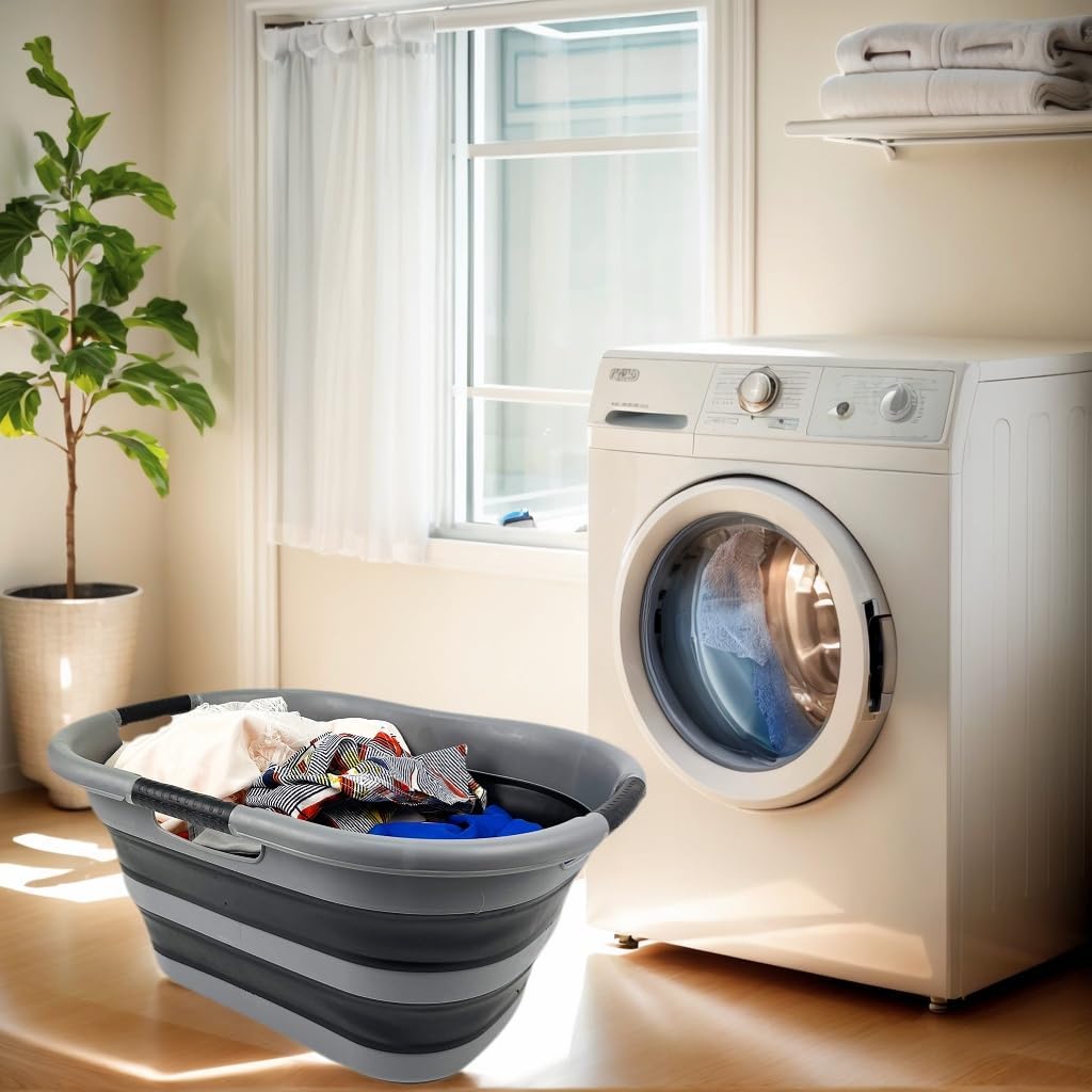 SAMMART 40L (10.5 gallon) Collapsible Plastic Laundry Basket - Space Saving Storage Container/Organizer - Portable Washing Tub - Foldable Pop Up Hamper/Basket (1, Grey/Black)