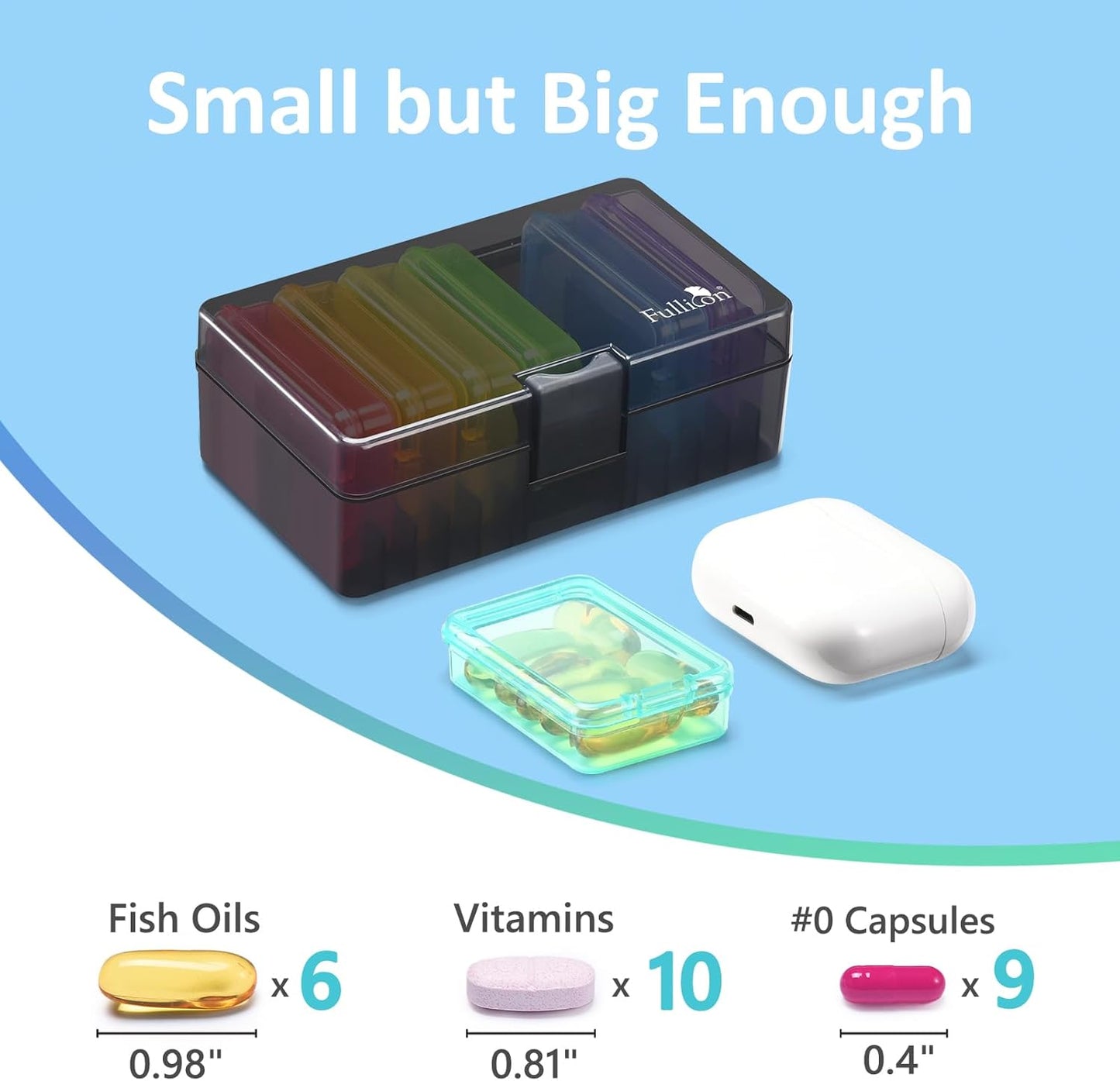 Fullicon Small Pill Case for Purse, Travel Medicine Pill Organizer, Weekly 7 Day Daily Pill Box, Pocket Pharmacy Pill Container Dispenser Holder with Labels (Black Rainbow)
