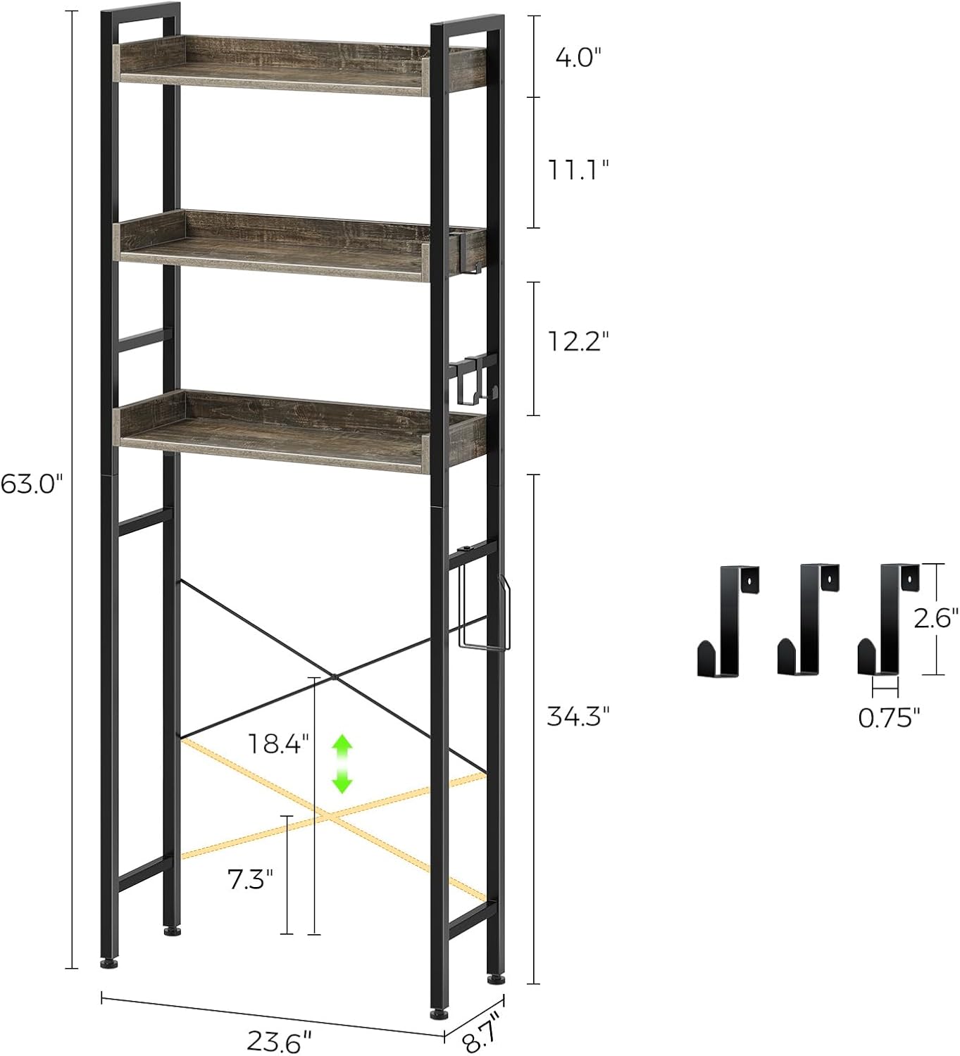 Rolanstar Over The Toilet Storage Rack, 3-Tier Bathroom Space Saver with Adjustable Shelves, Bathroom Organizer for Bathroom, Washroom, Gray