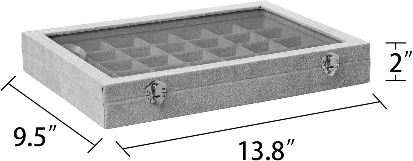 Frebeauty Velvet Jewelry Tray,35 Grid Jewelry Organizer with Clear Lid,Earring Holder Organizer Case with Clasp,Drawer Insert for Rings Studs,13.8 x 9.5 x 2 Inches,Gift for Women Girls(Grey)