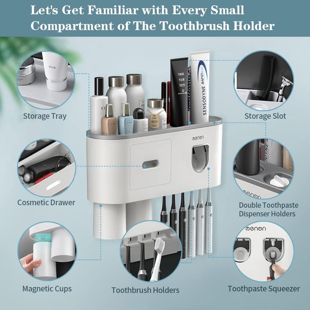 Toothbrush Holders Wall Mounted, Toothbrush Holder with Automatic Toothpaste Dispensers, 6 Brush Slots, 2 Magnetic Cups,1 Cosmetic Drawer Organizer and 1 Large Storage Tray