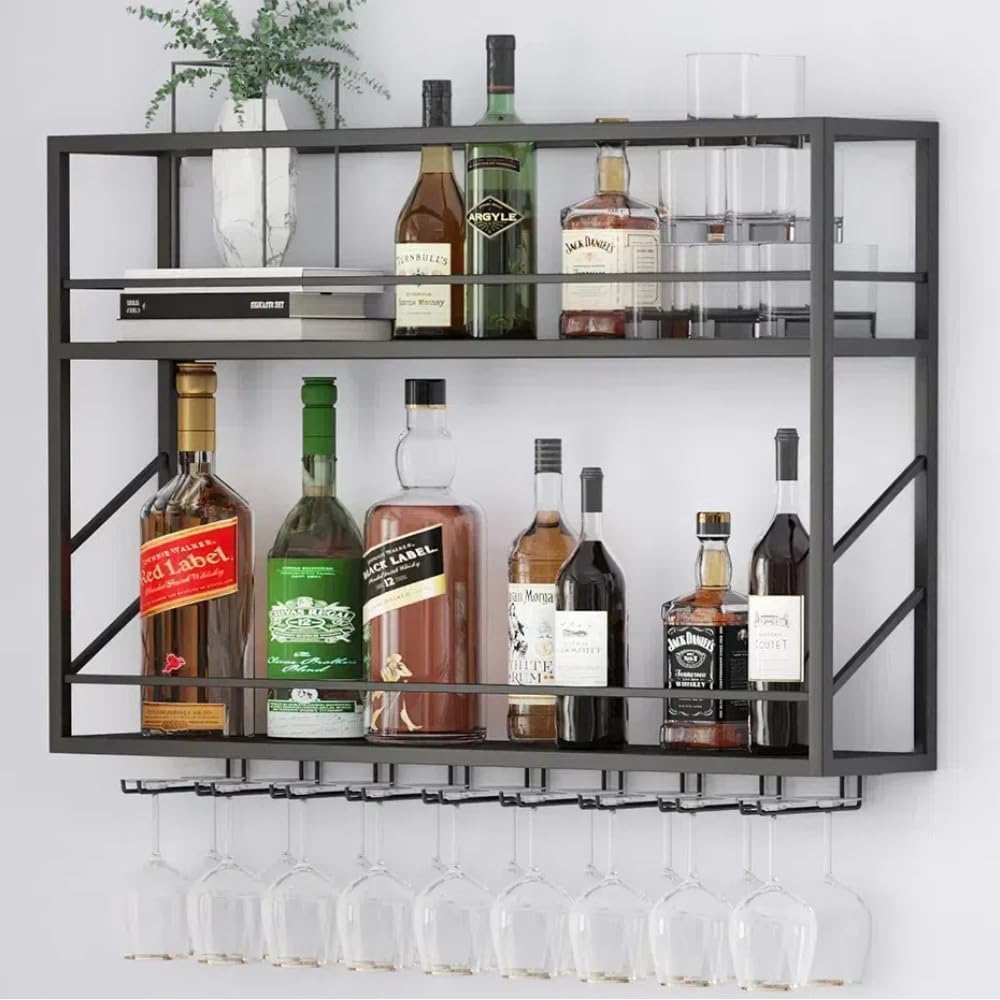 Wall Mounted Wine Rack with Glass Holder, 2-Tier Multi-Functional Shelf for Home, Restaurant, and Bar Storage (39.3”W x 7.8”D x 26”H)