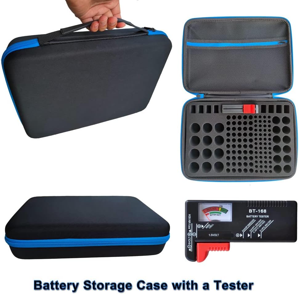 Battery Organizer Storage Case with Tester:Battery Holder Box Garage Organizer Battery Vault Daddy Box with Zipper Mesh Pocket Fit for 18650 Batteries AA AAA C D 9V etc
