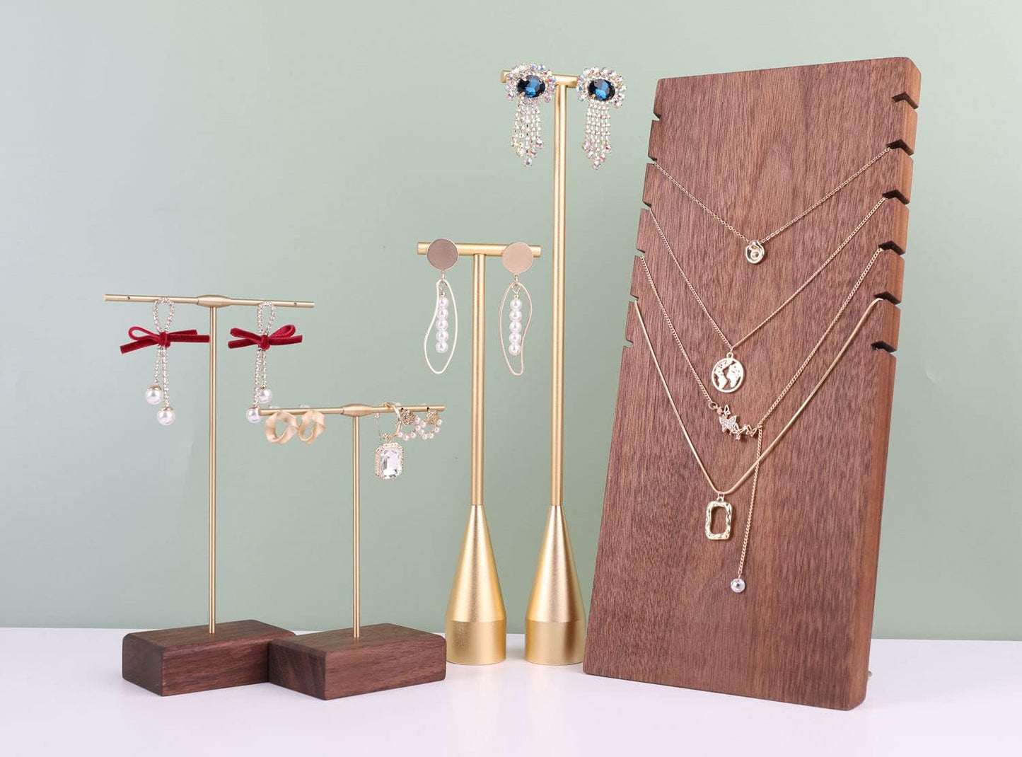 GemeShou 2pcs Gold earring display T bar stand, Big jewelry earring holders for Boutique Store, Jewelry holders high enough for long earring necklace【Gold-2pcs Height 7.9" and 11"】