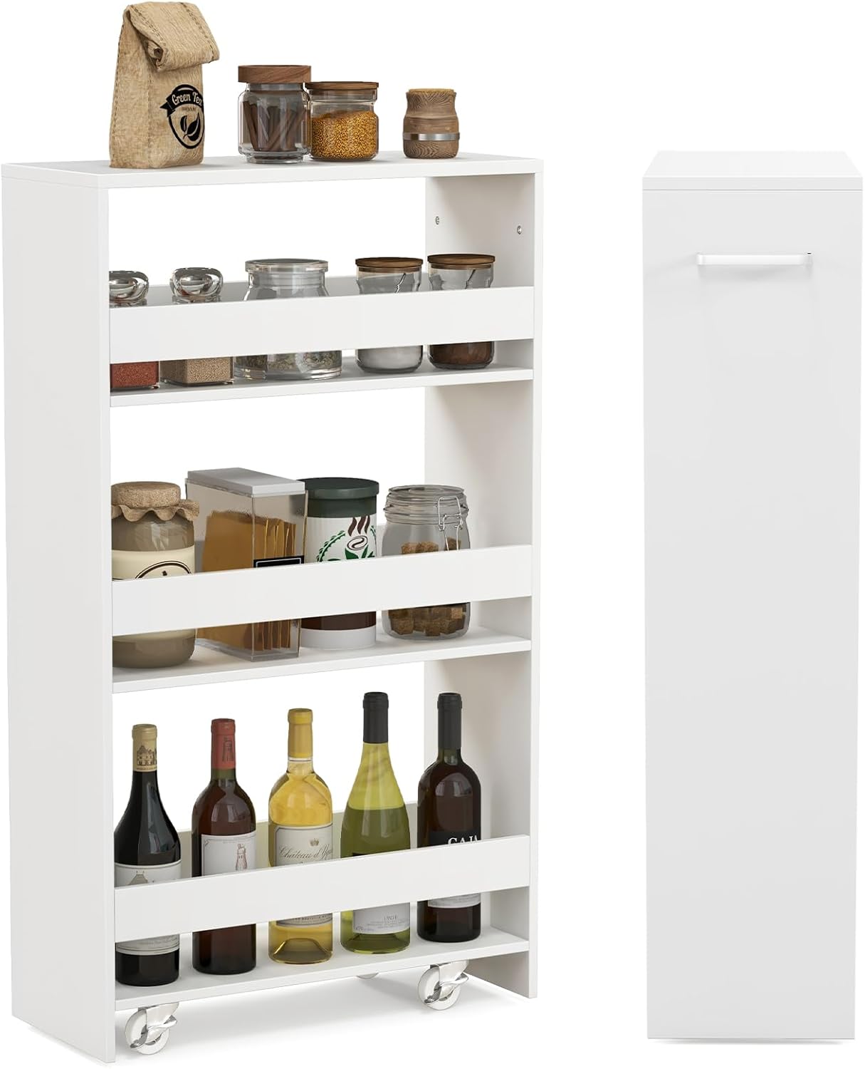 LOKO 4-Tier Rolling Storage Cart, 8 Inches Slim Kitchen Cart on Wheels with Open Shelves & Handle, Laundry Room Cart Between Washer and Dryer, for Narrow Space Bathroom Next to Fridge (White)