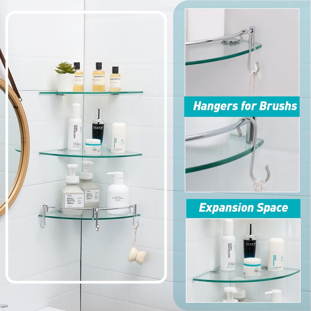 HouseMila Glass Shower Shelves - 3 Tier Corner Shelf with 3 Hangers, Drill Hole Glass Shelves for Bathroom Organizer