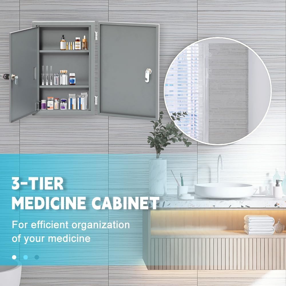 Yeeoy Wall Mounted Medicine Cabinet with Lock & Double Door, Locking Narcotics Safe, Secure Steel Drug Cabinet Steel First Aid Medical Lock Box for Home School Office