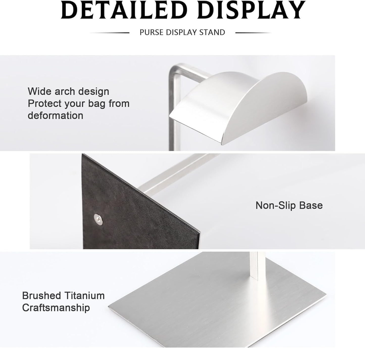 Purse Display Stand Adjustable Height Silver Purse Rack for Handbags Necklaces Scarves Hats & Headphones 14" - 24" Purse Hanger Shelf for Retail Display