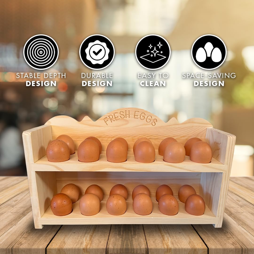 Natural Wood Premium Pine Wooden Egg Holder 2-Tier Durable 24-Egg Storage Solution Ideal for Modern and Rustic Kitchen Fresh Eggs