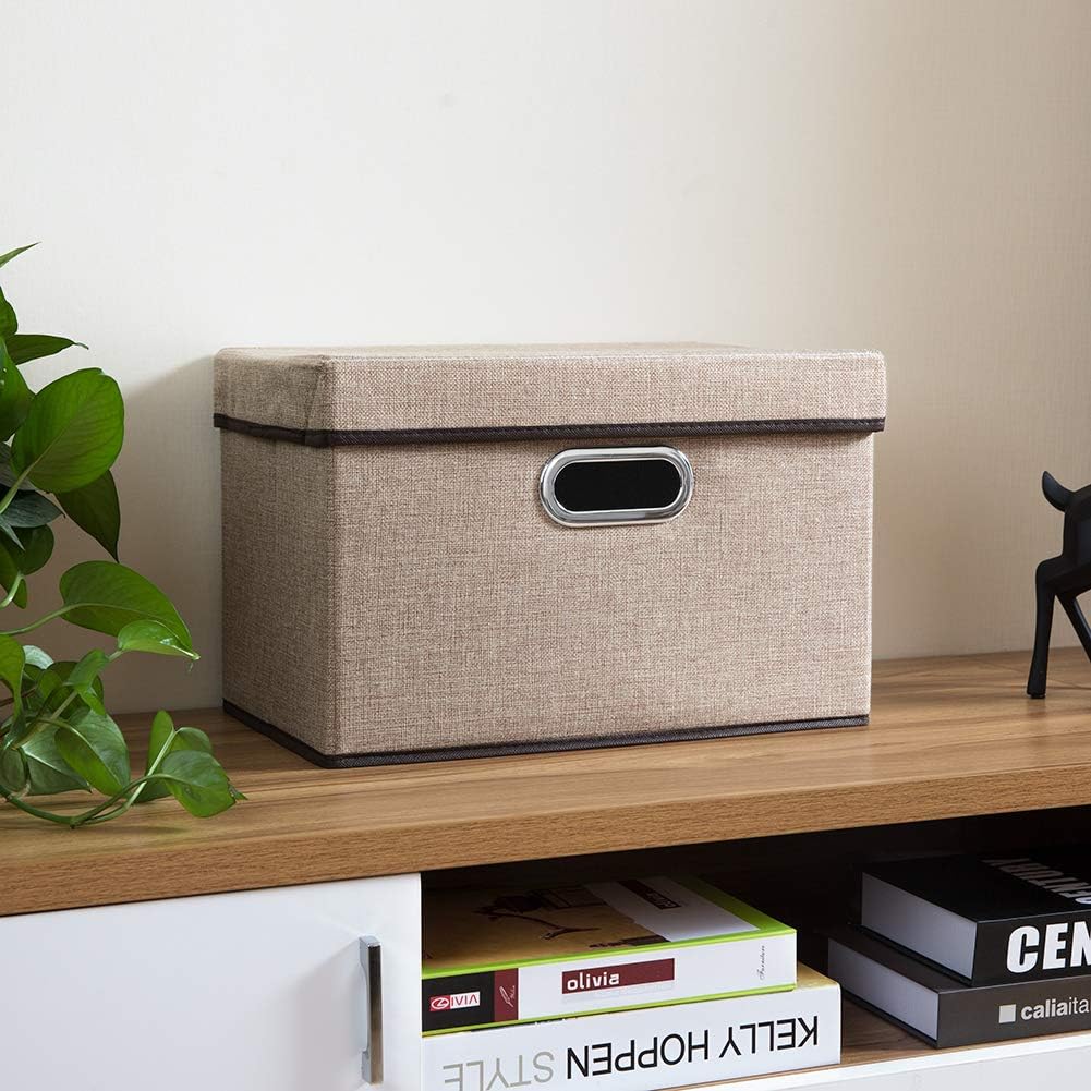 PRANDOM Collapsible Storage Cubes with Lids [1-Pack] Jute Fabric Foldable Storage Boxes Organizer Containers Baskets Bins with Cover for Home Bedroom Closet Office Nursery (14.9x9.8x9.8)