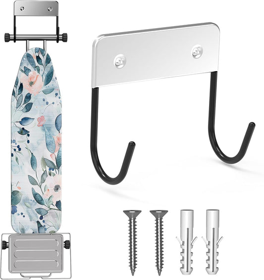 Ironing Board Hanger Wall Mount, Ironing Board Holder for Y or T Shaped,Stainless Steel Wall Hook Iron Board Holder for Laundry Rooms with 2 Hooks (Black)
