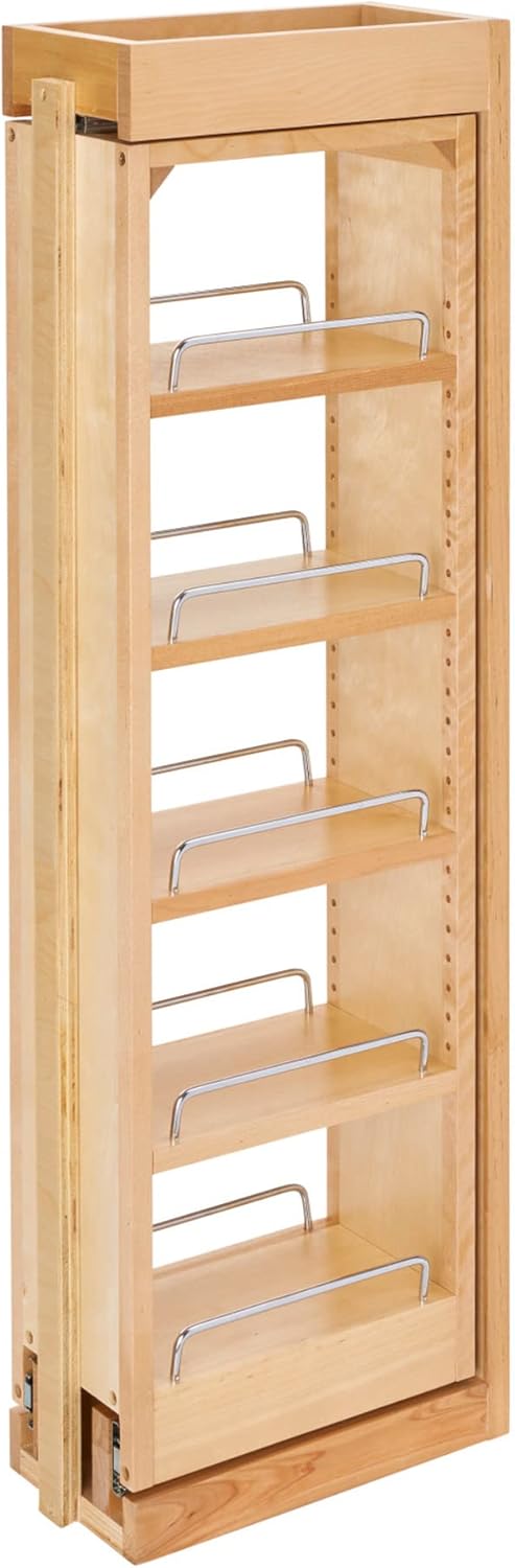 Rev-A-Shelf 6" W x 36" H Pull Out Quad Shelf Organizer for Wall & Base Kitchen Cabinets, Full Extension Filler Spice Rack, Adjustable, Wood, 432-WF36-6C