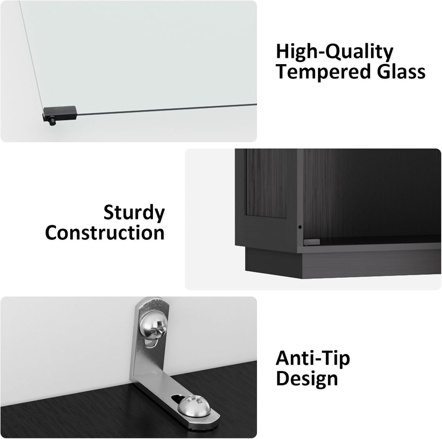 Display Cabinet with Glass Doors 4 Tier Glass Display Case with RGB LED Lights Display Cases for Collectibles Adjustable Shelves Display Case, for Game Room, Living Room, Bedroom, Black