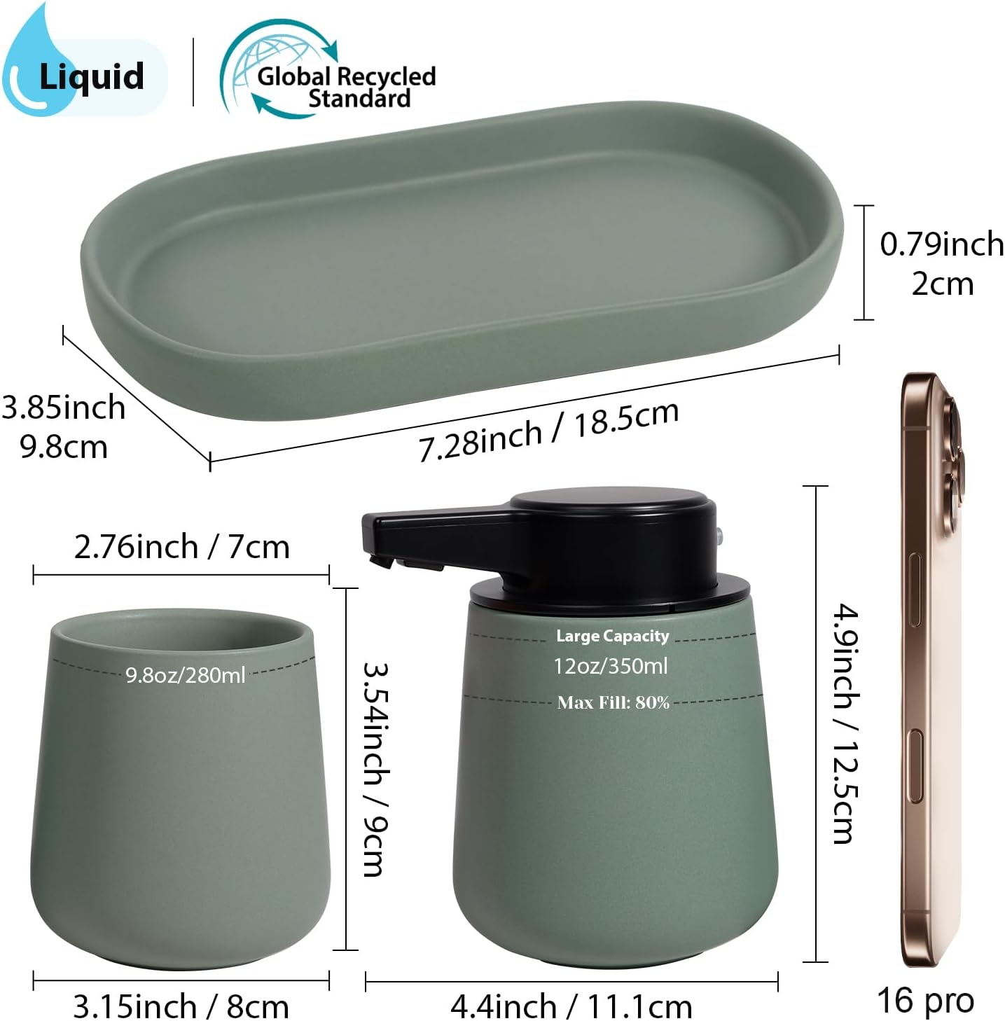 INGOFIN Automatic Ceramic Bathroom Accessory Set - 3 Pcs Auto Liquid Soap Dispenser Touchless, Toothbrush Holder & Tray, Smart Electric Bathroom Counter Set for Home, Guest Room, or Office, Green