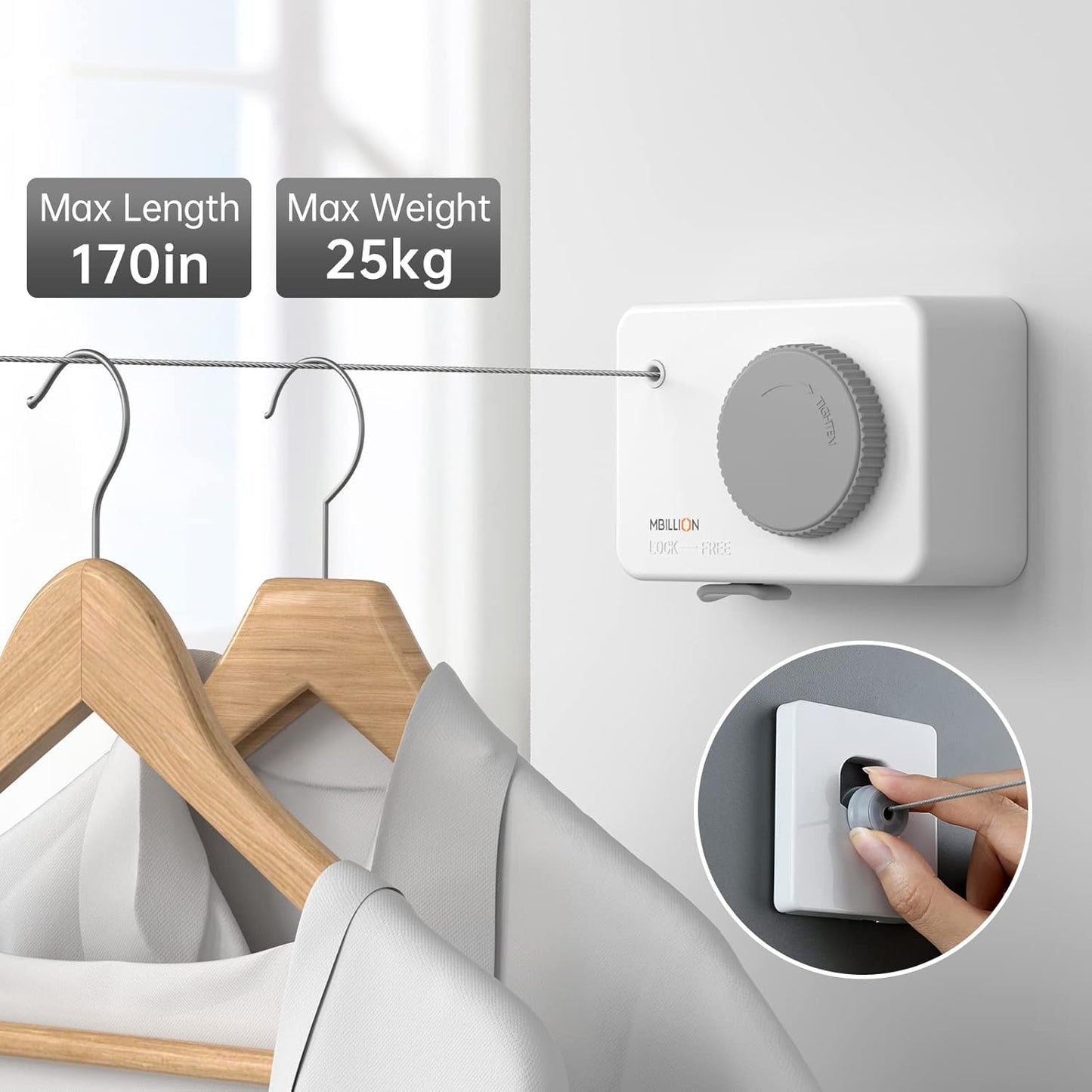 Mbillion Retractable Clothesline 13.8Ft Heavy Duty Clothes Drying Laundry Line for Indoor Outdoor Retracting Hanging Clothing Drying with Retract Rotating Knob to Prevent Sagging