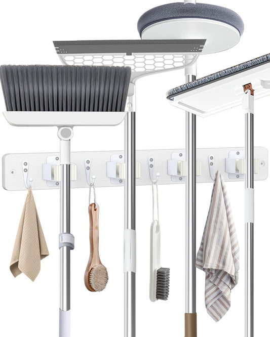 AceMining Broom Holder Wall Mounted, White 4 Holders and 4 Hooks Mop Holder, Wooden Mop and Broom Holder with Anti slip rubber, Natural pine wood Brush Holder, Mop Wall Holde with Nail installation