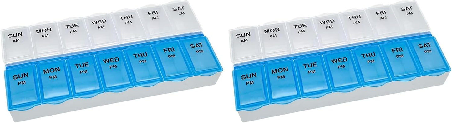 Amazon Basic Care 7-Day AM/PM Pill Organizer | Large Compartments | 2 Times Daily | Blue Clear Lids | Pack of 2