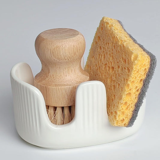 Ceramic Sponge Holder, 2-Slot Dish Sponge Holder for Kitchen Sink, Keeps Sponges Dry & Countertop Clean, Rust-Free & Dishwasher Safe, Stylis Design, Modern White