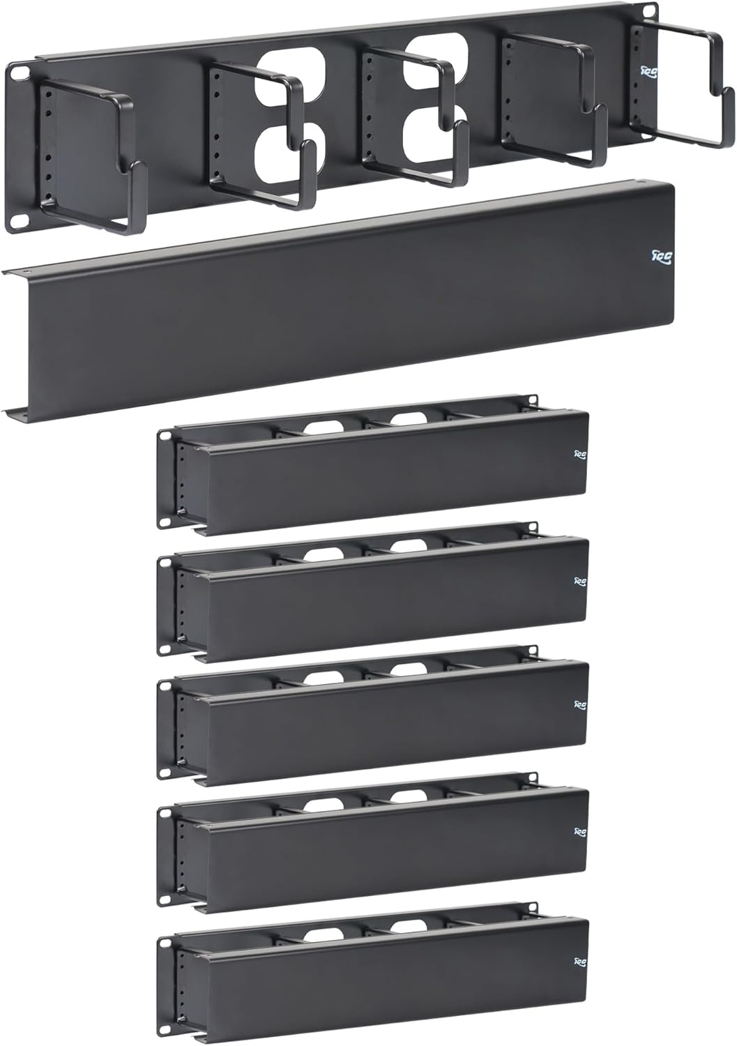 ICC 2U Ring Cable Manager Panel with Cover, Metal, 3" D-Rings, Horizontal Cable Management, Rackmount for 19” Network Racks, Black, 6-Pack