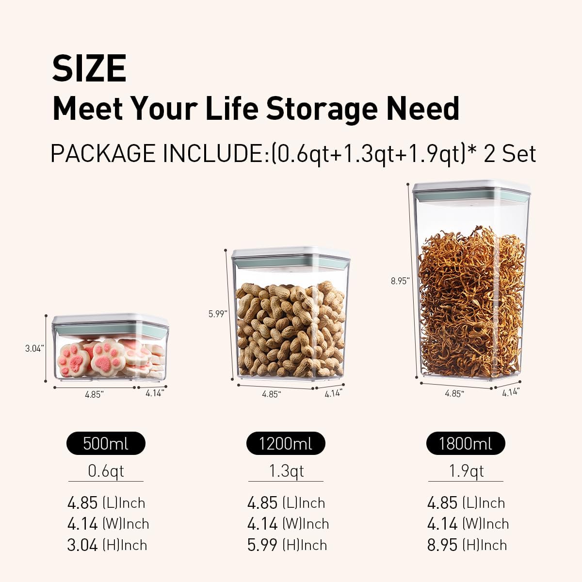Pop Food Storage Containers Set, 6Pcs Airtight Containers with Lids for Kitchen Pantry Organizers and Storage,One Button Opening BPA-Free Food Containers for Cereal Flour Sugar(0.6, 1.3, 1.9Qt)*2