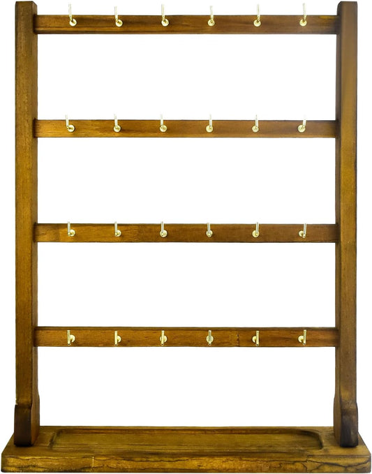 4 Layers of Wooden Display Eacks With Hooks for Necklaces. Rings, Earrings, Bracelets, And Other Jewelry Storage Display Rack (Walnut Wood Color)