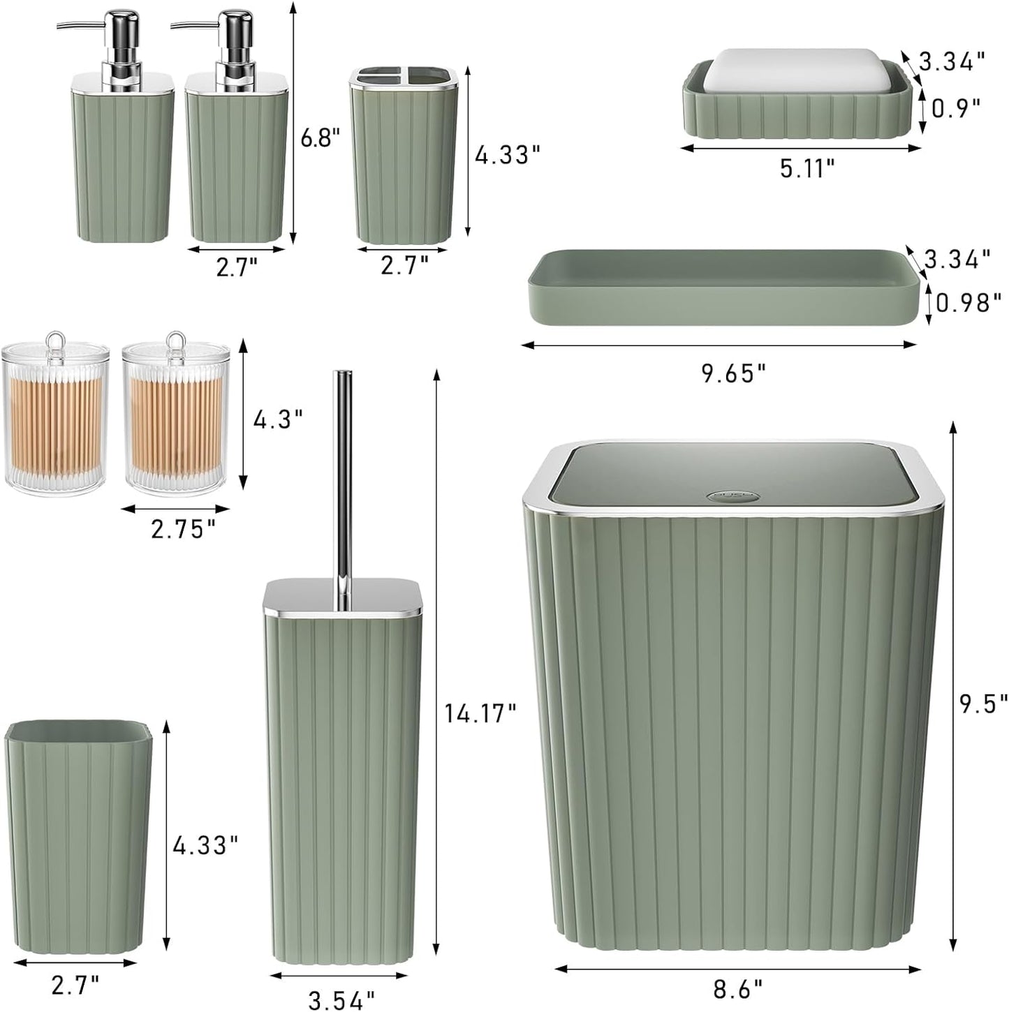 Bathroom Accessories Set - Gorgeous Sage Green Bathroom Set, 10PC Bathroom Accessory Set, Toilet Brush, Trash Can, Qtip Holder Dispenser & Soap Dispenser