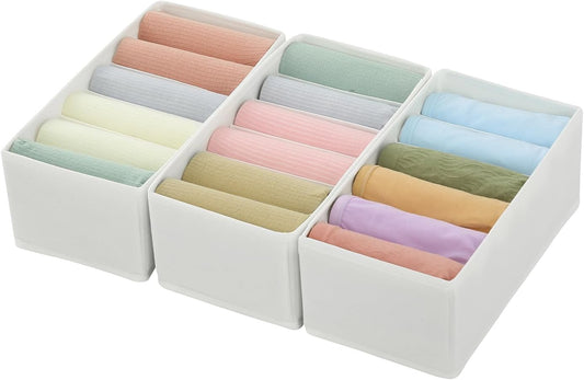 Qozary 3 Pack Sock Underwear Drawer Organizer Dividers, Non-Woven Fabric Collapsible Cabinet Closet Storage Boxes for Clothes, Socks, Lingerie, Underwear, Tie, Belt, Baby, Bedroom (White, 6 Cells)