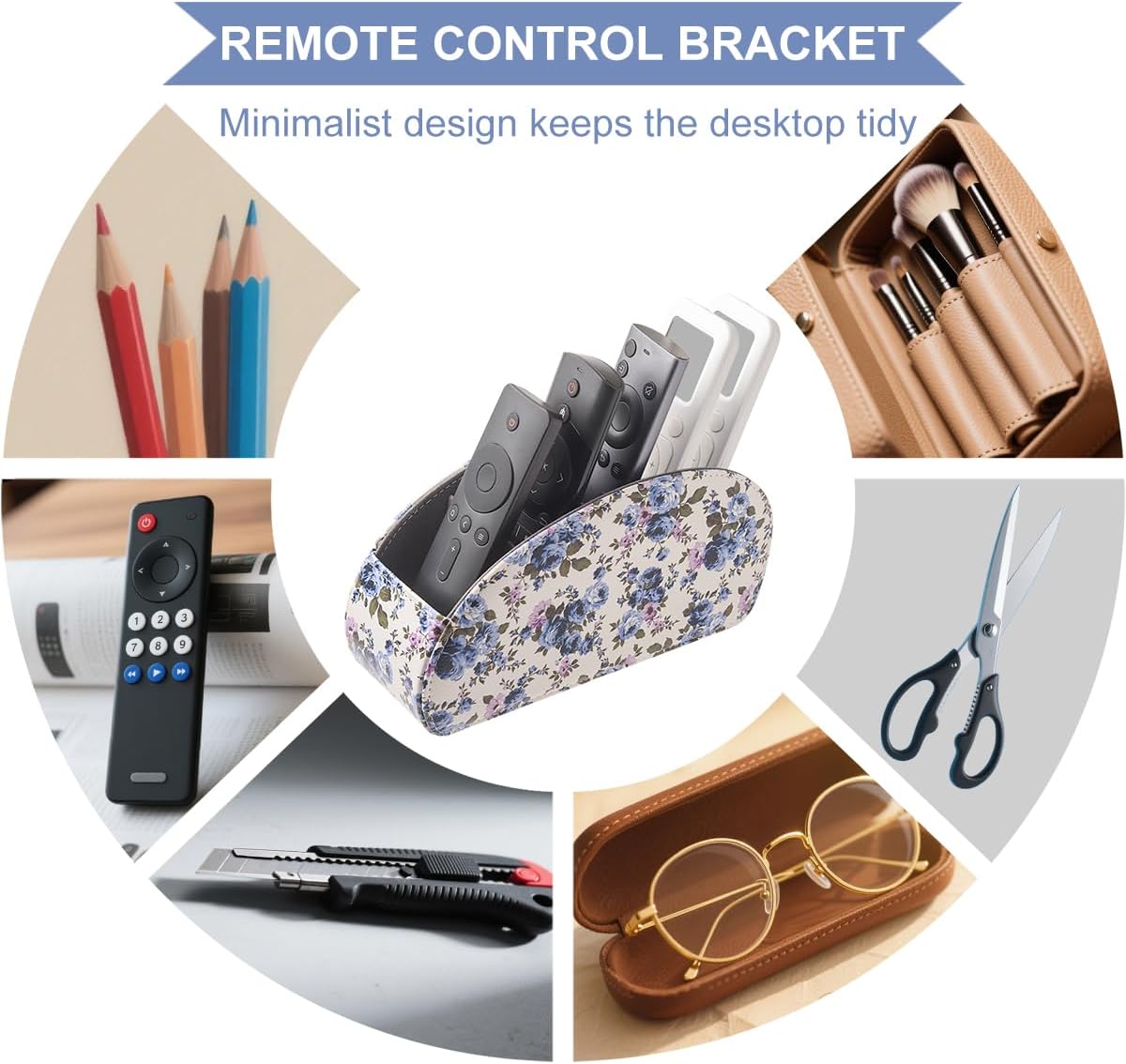 Remote Control Holder with 5 Compartments,PU Leather Remote Holder Compatible with Fire TV Remotes, Media Player Remotes, Heater Controllers, and Air Conditioner Remote Controls(Blue-flowering)