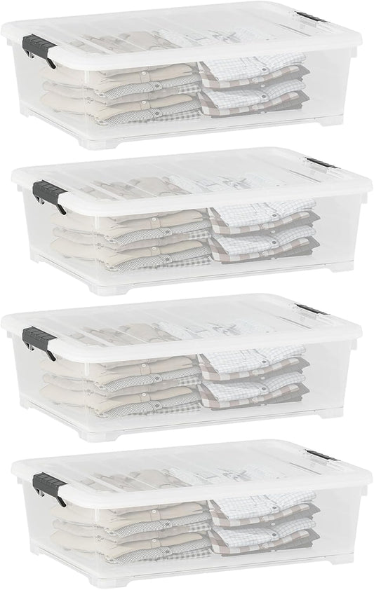 26 Quart Clear Underbed Storage Bin, Plastic Underbed Storage Box, Wheeled Underbed Storage Container with Lid, 4 Packs