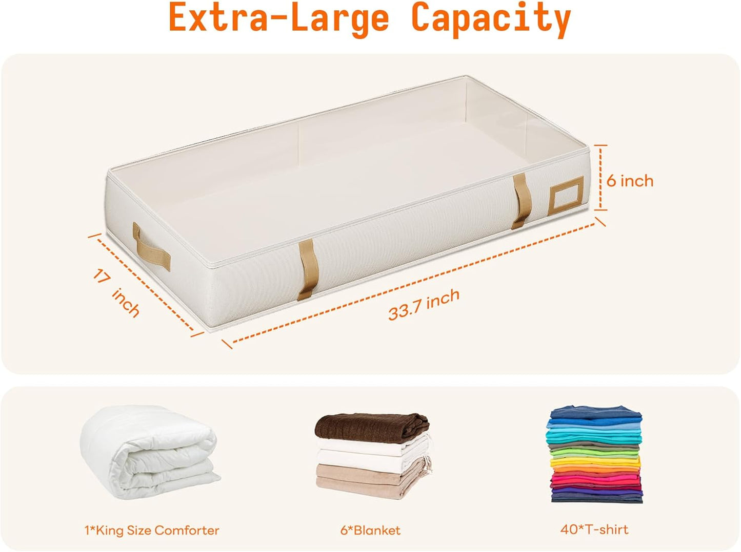 Vailando Storage Containers, 6 Inches Tall 60L Underbed Storage Bins with Leather Handles and Sidewalls, Closet Organizer for Clothes, Blankets, Seasonal Items, Beige with Brown, 2-Pack