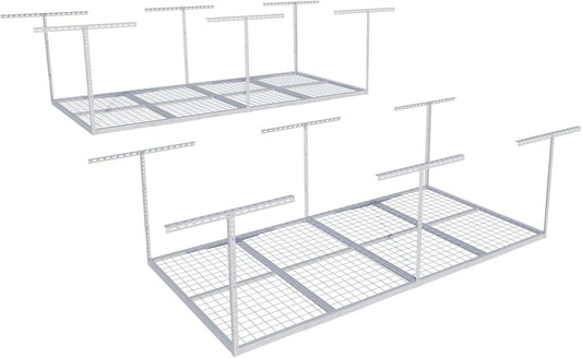 FLEXIMOUNTS 4x8 Overhead Garage Storage Rack, Adjustable Organization System, Heavy-Duty Metal Ceiling Racks, 2 pack, White, Classic Series