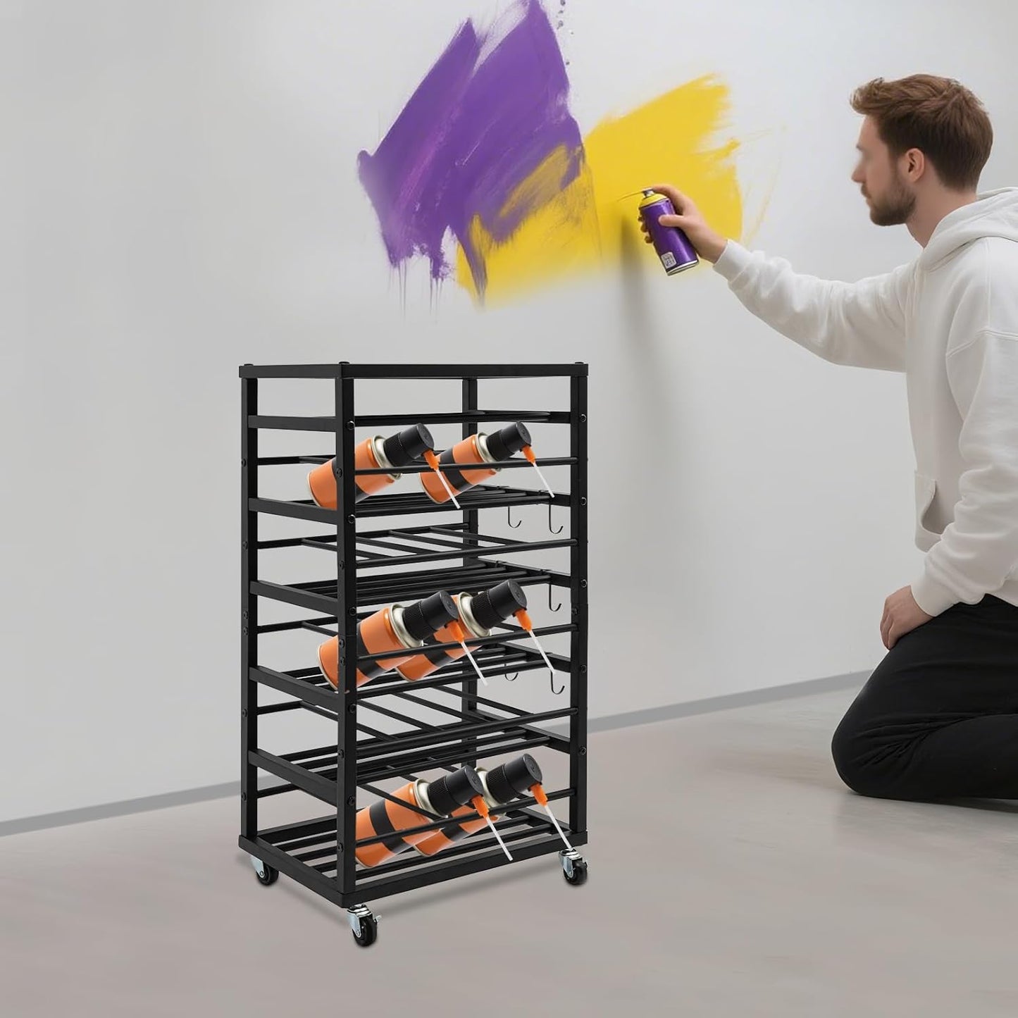 5-Tier Spray Paint Rack Organizer, Rolling Spray Bottle Holder with Storage Shelf, Metal Spray Paint Can Storage Holder, Aerosol Can Holder Rack for Garage, Craft Workroom (Black)